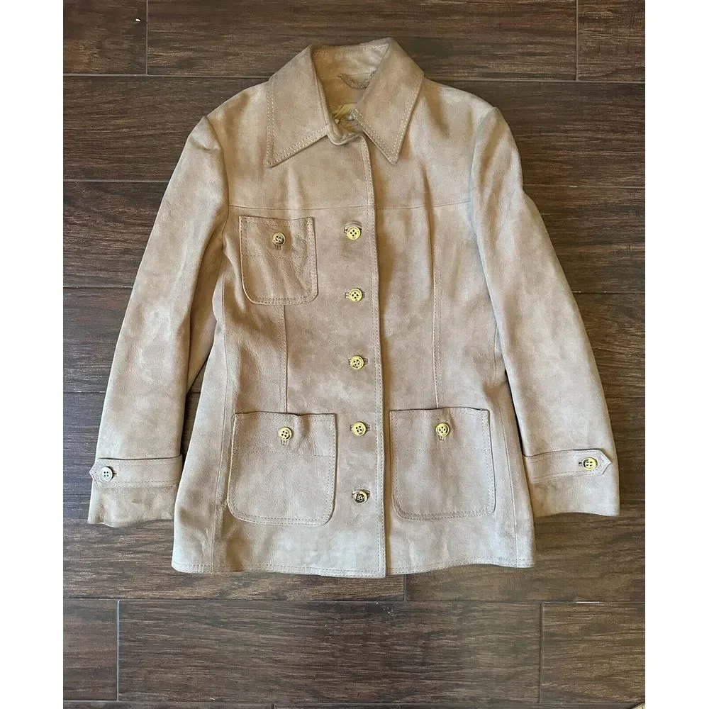 Vtg World Knits Suede Leather Jacket Sz Medium Tan Beige Brown Coat NICE QUALITY